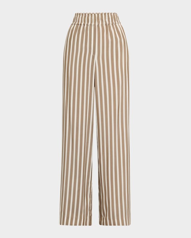Striped Silk Wide-Leg Pull-On Pants